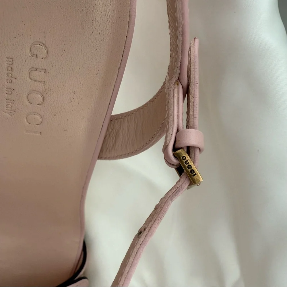 Gucci Pink Block Heel Sandals with Gold GG Logo - Picture 10 of 11
